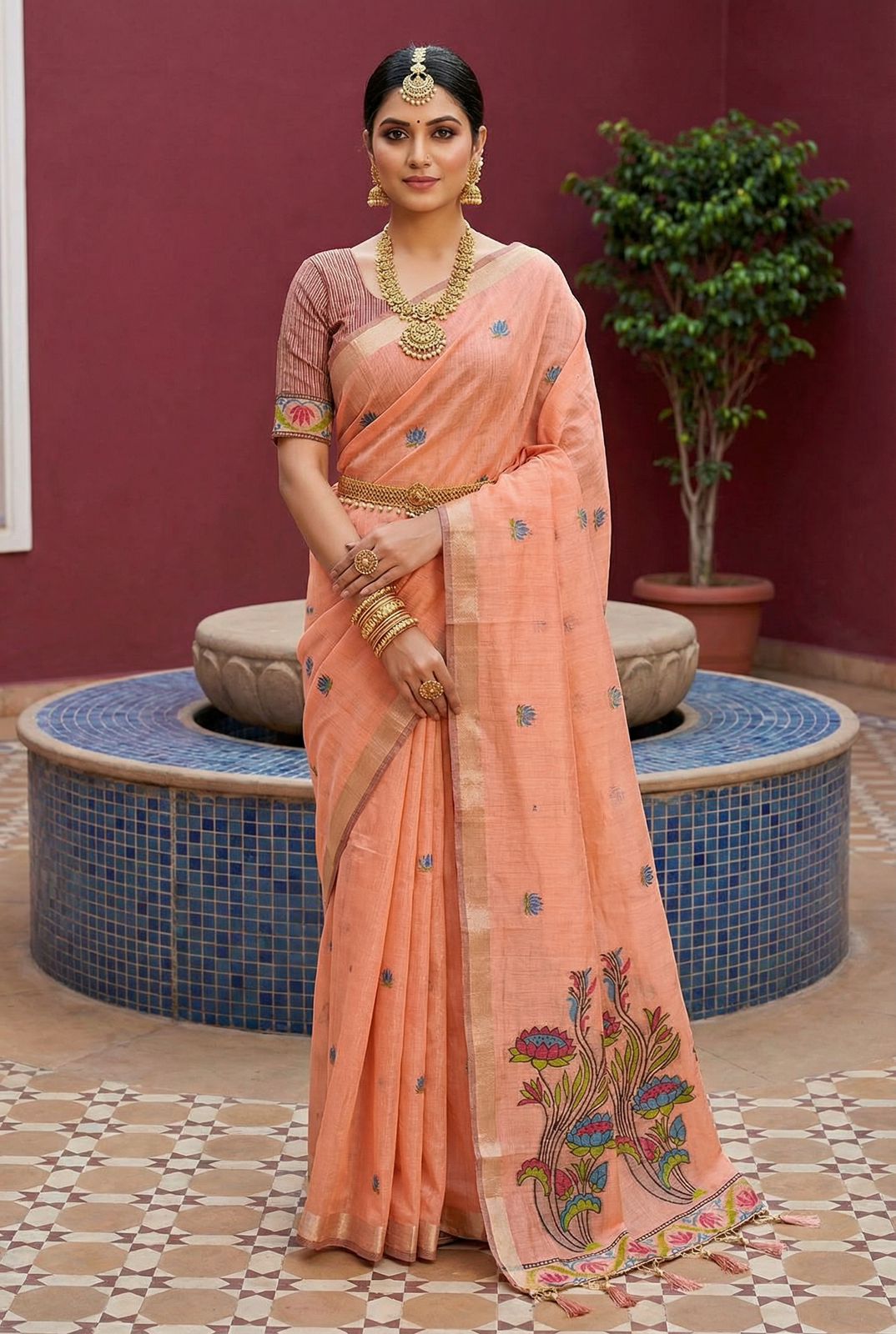 Divine Peach Pure Munga Cotton Silk Saree With Innovative Blouse Piece