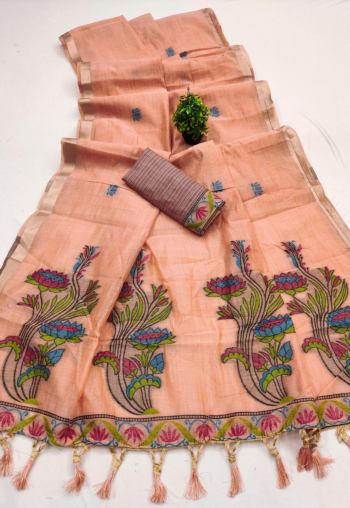 Divine Peach Pure Munga Cotton Silk Saree With Innovative Blouse Piece