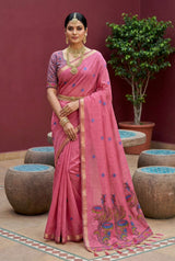 Ineffable Pink Pure Munga Cotton Silk Saree With Tremendous Blouse Piece