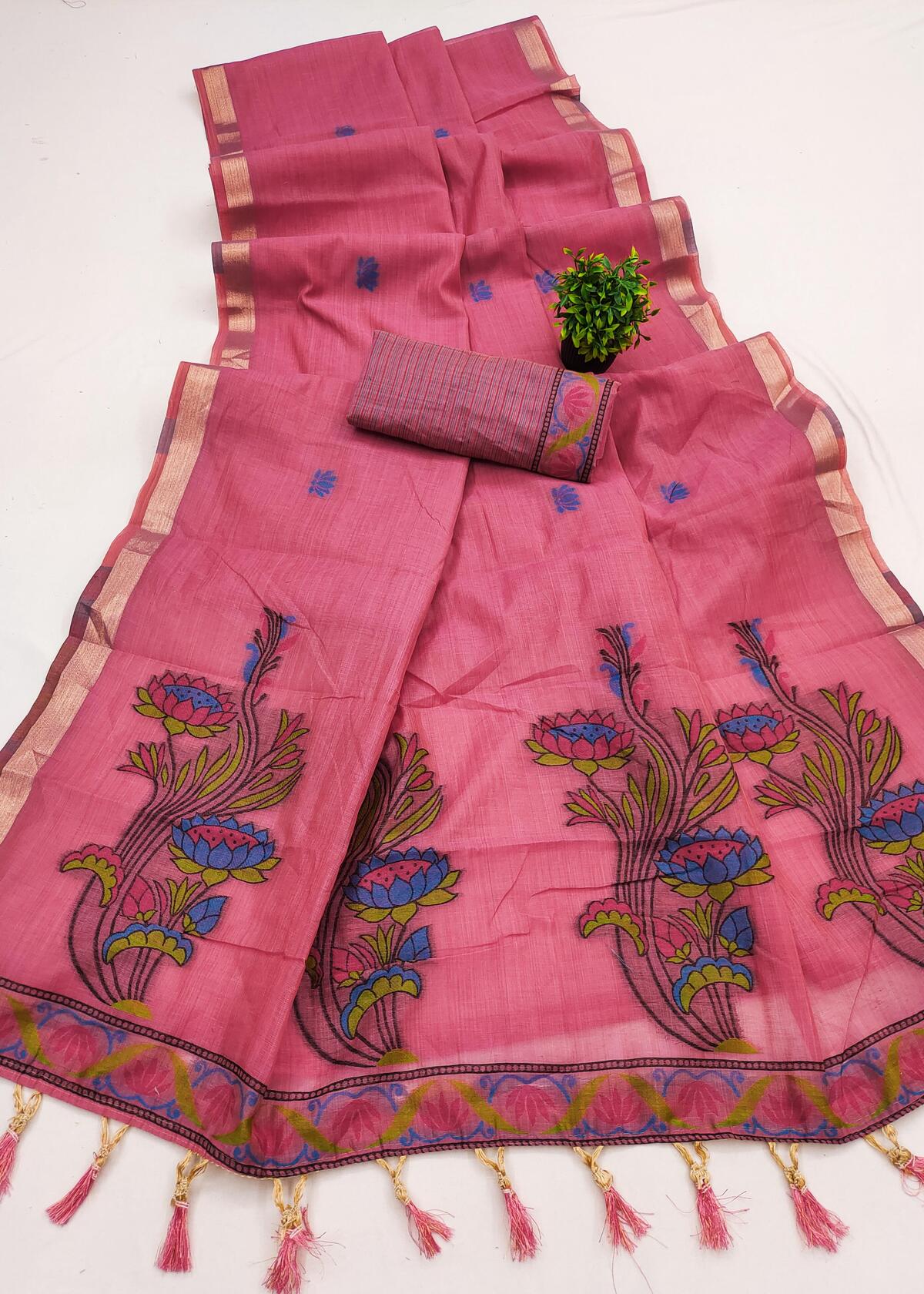 Ineffable Pink Pure Munga Cotton Silk Saree With Tremendous Blouse Piece