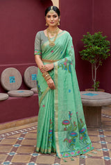 Pleasant Sea Green Pure Munga Cotton Silk Saree With Tantalizing Blouse Piece