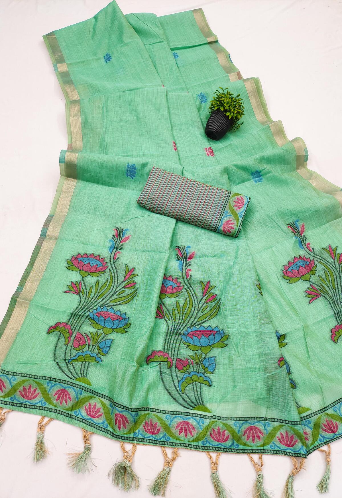 Pleasant Sea Green Pure Munga Cotton Silk Saree With Tantalizing Blouse Piece