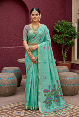 Dulcet Turquoise Pure Munga Cotton Silk Saree With Gorgeous Blouse Piece