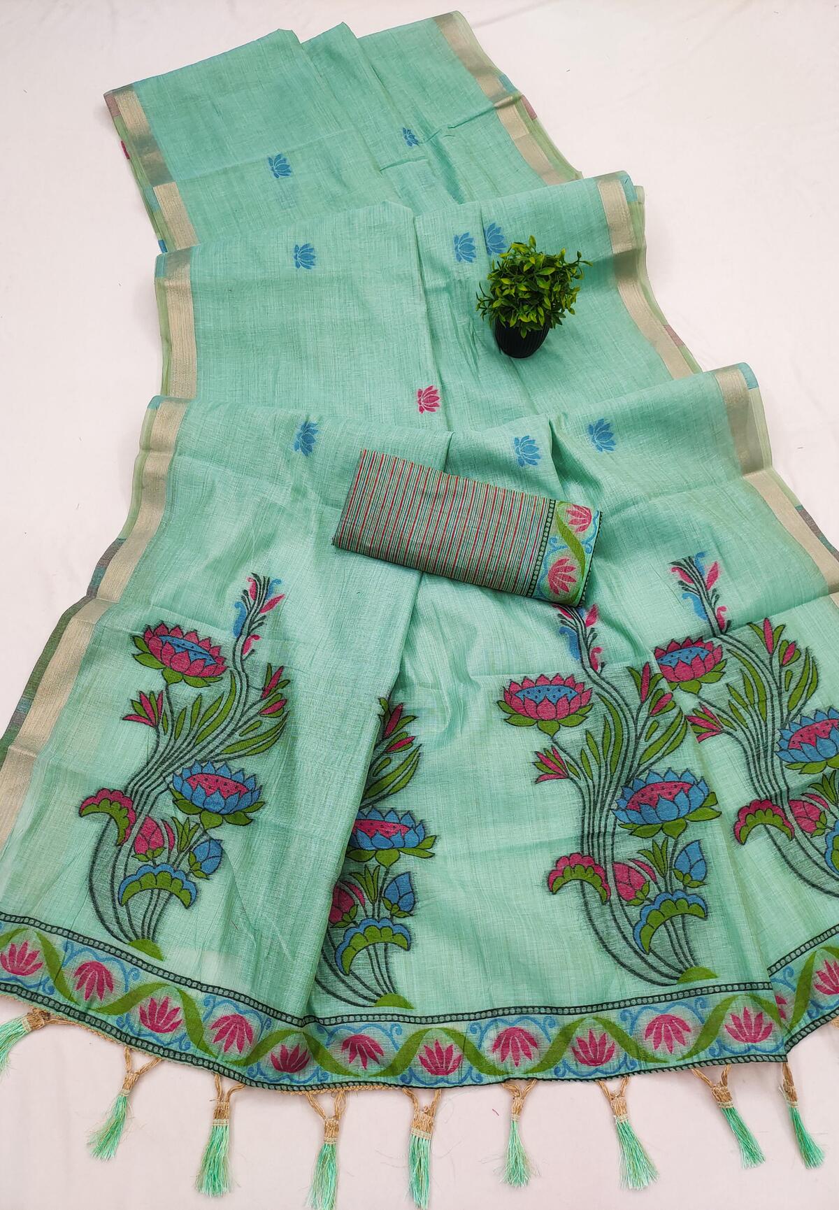 Dulcet Turquoise Pure Munga Cotton Silk Saree With Gorgeous Blouse Piece