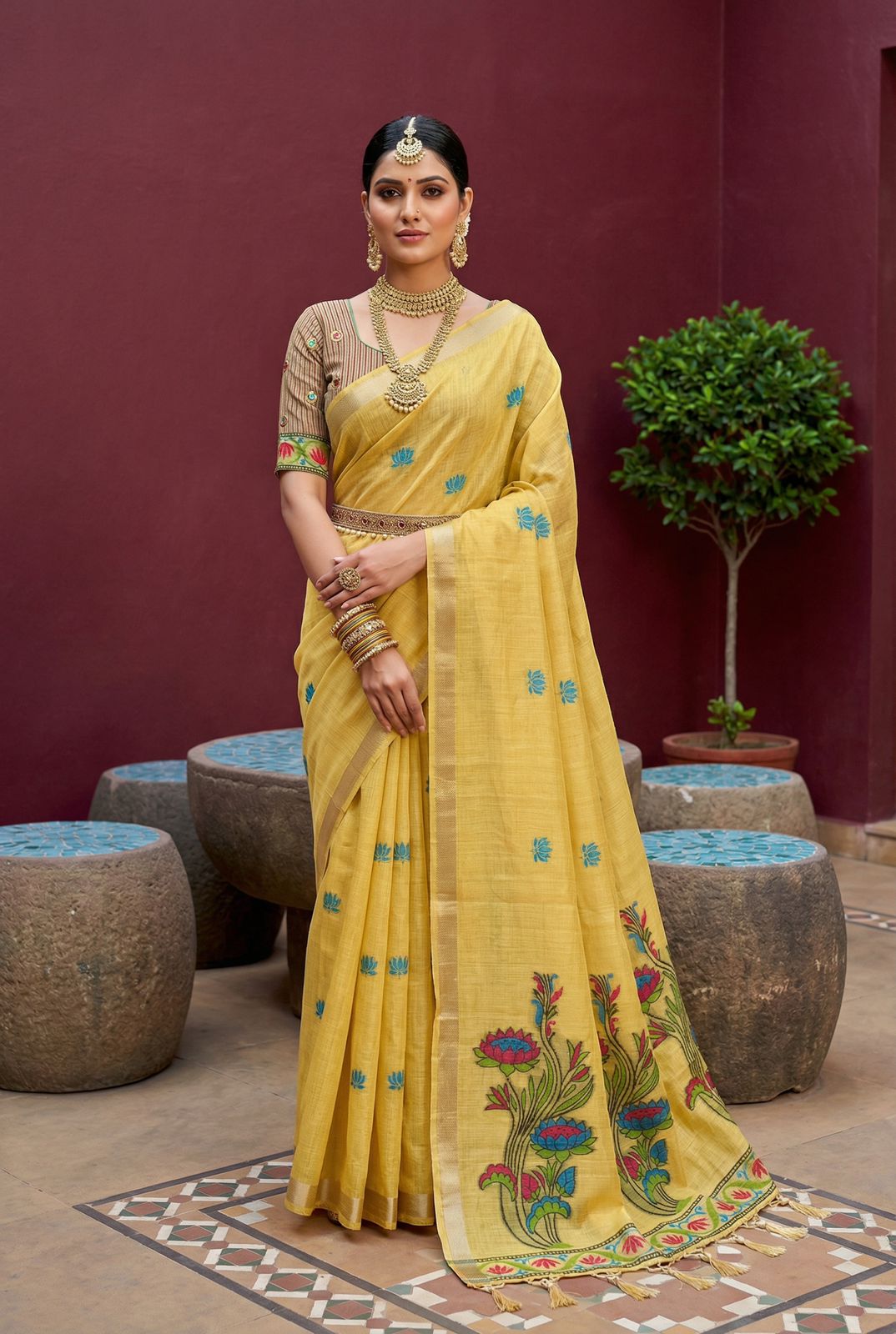 Gossamer Yellow Pure Munga Cotton Silk Saree With Lustrous Blouse Piece