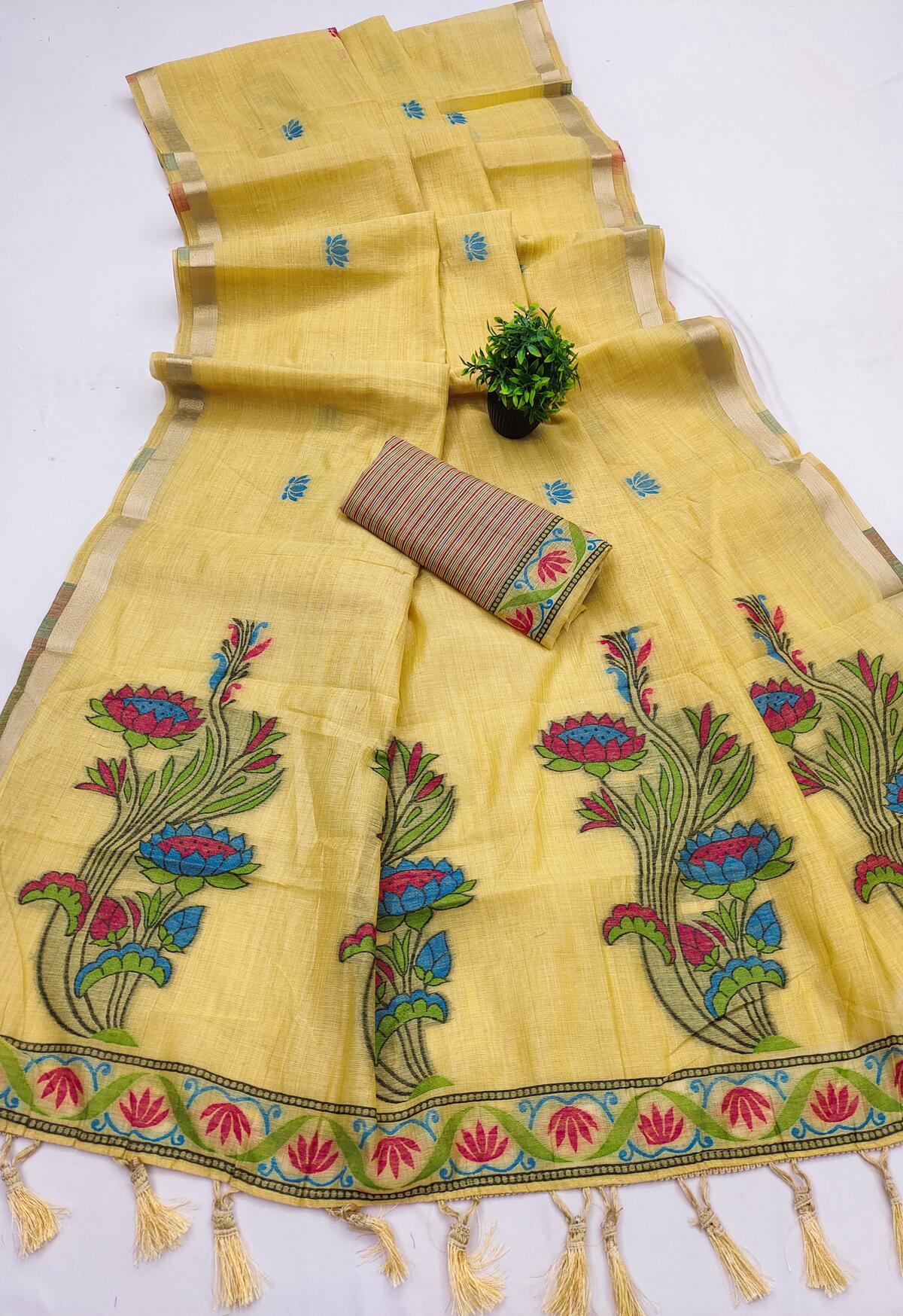 Gossamer Yellow Pure Munga Cotton Silk Saree With Lustrous Blouse Piece