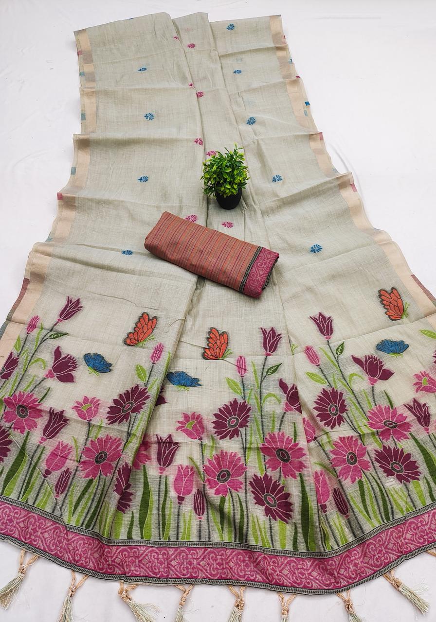 Profuse Grey Pure Munga Cotton Silk Saree With Exquisite Blouse Piece