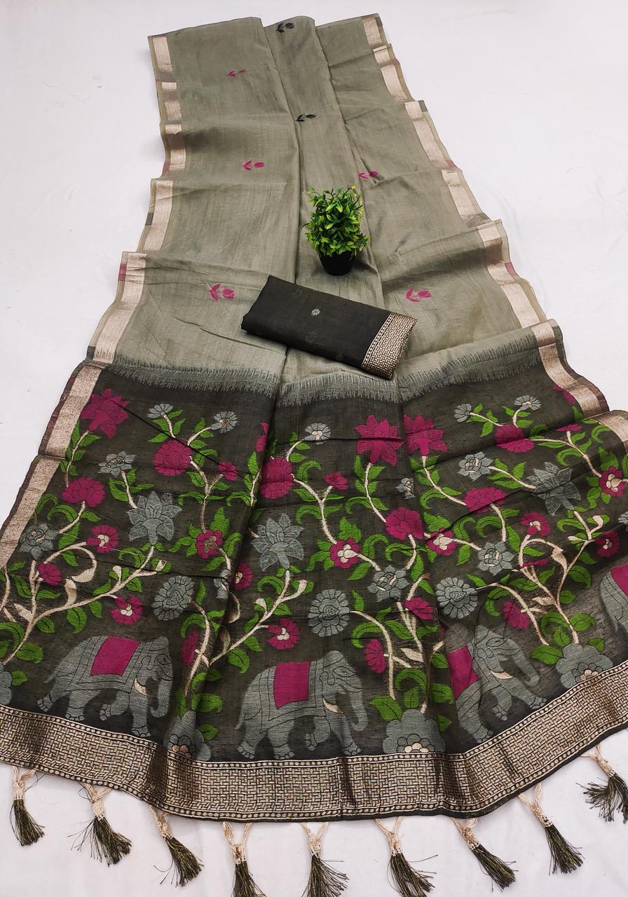 Entrancing Grey Pure Munga Cotton Silk Saree With Incredible Blouse Piece