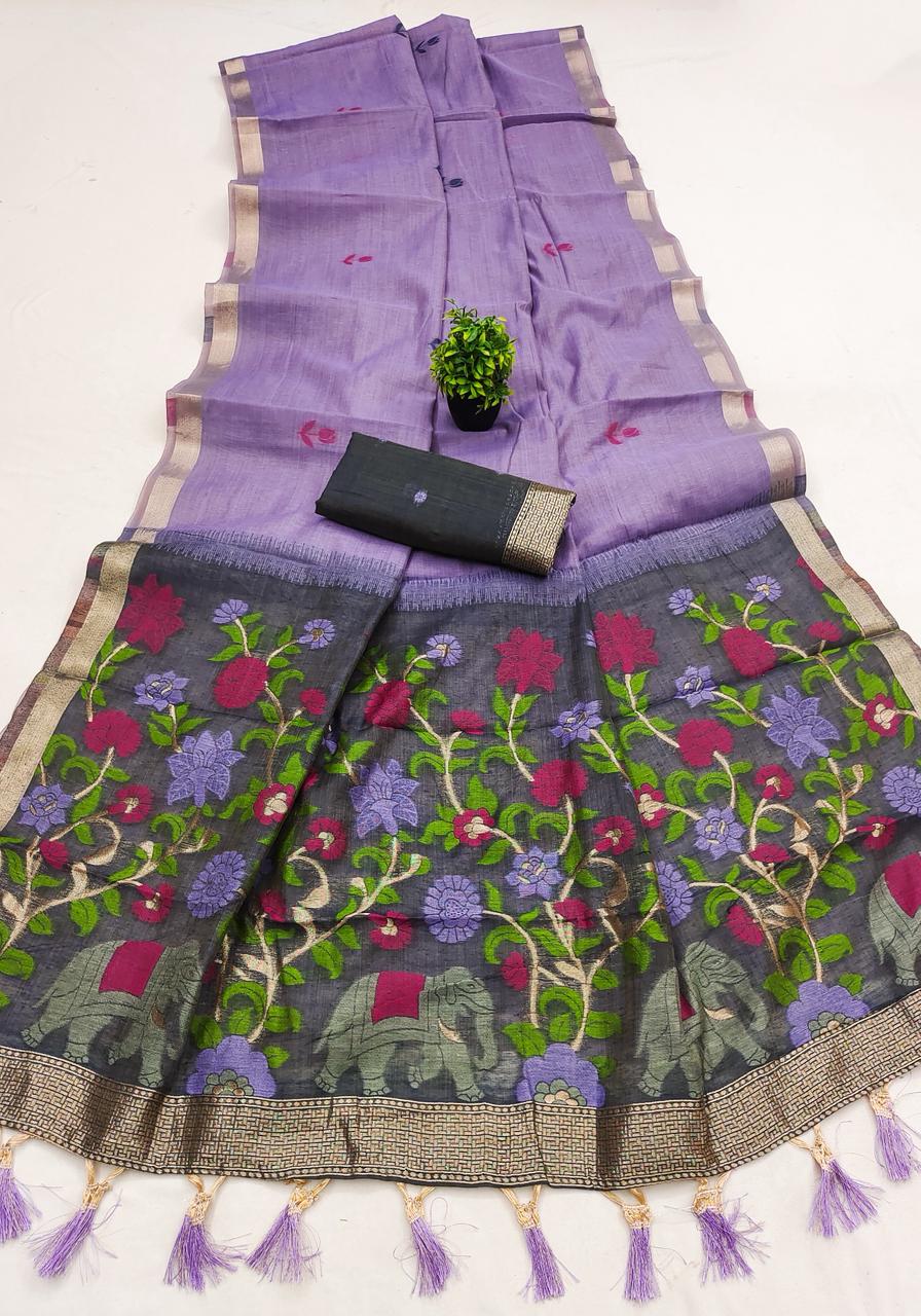 Flamboyant Lavender Pure Munga Cotton Silk Saree With Imaginative Blouse Piece