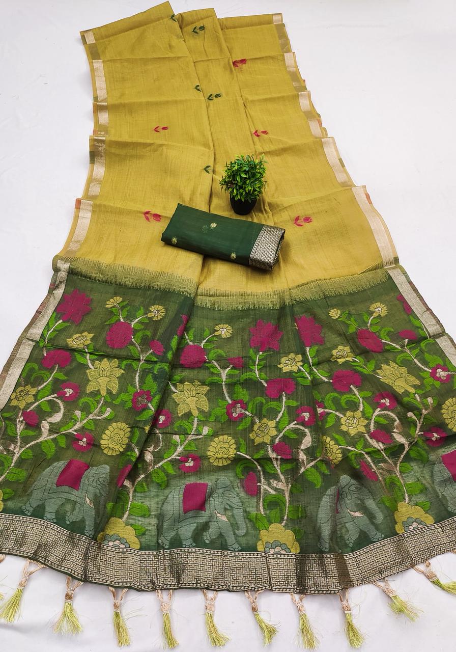 Verdant Mustard Pure Munga Cotton Silk Saree With Twirling Blouse Piece