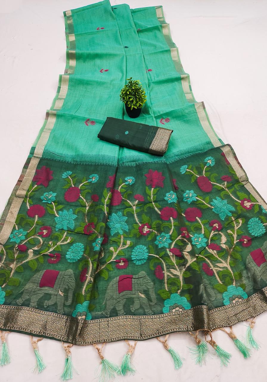 Winsome Turquoise Pure Munga Cotton Silk Saree With Vivacious Blouse Piece