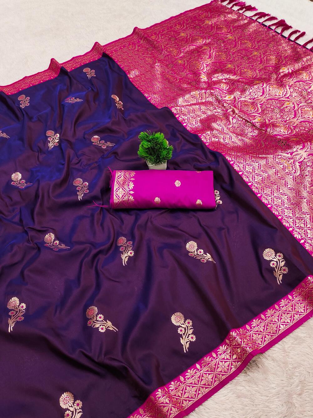 Sonorous Purple Pure Zari Weaving Banarasi Silk Saree With Gossamer Blouse Piece