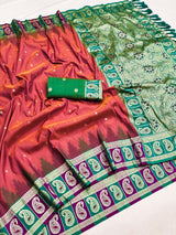 Ornate Peach Pure Zari Weaving Banarasi Silk Saree With Arresting Blouse Piece