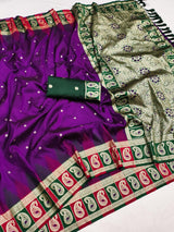 Piquant Purple Pure Zari Weaving Banarasi Silk Saree With Desultory Blouse Piece