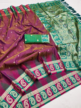 Amazing Wine Pure Zari Weaving Banarasi Silk Saree With Glittering Blouse Piece