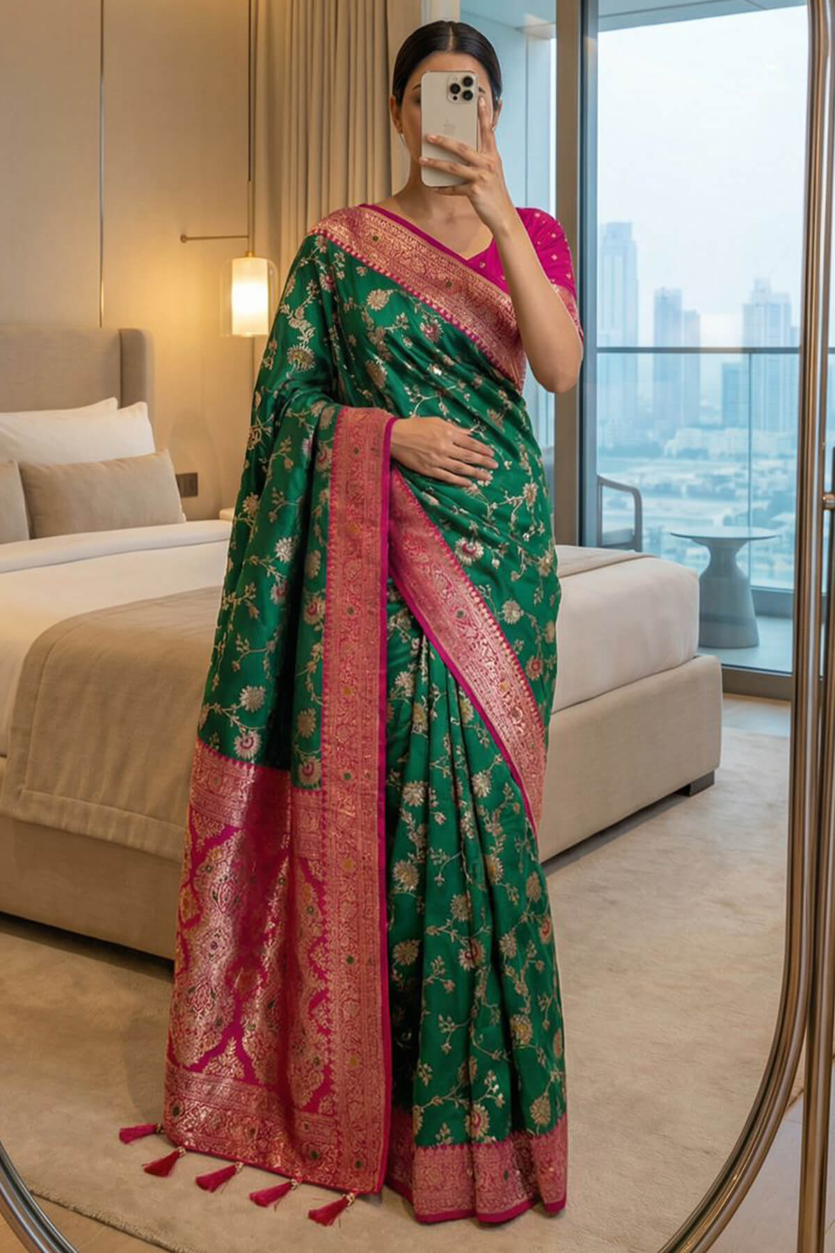 Exemplary Dark Green Pure Zari Weaving Banarasi Silk Saree With Jubilant Blouse Piece