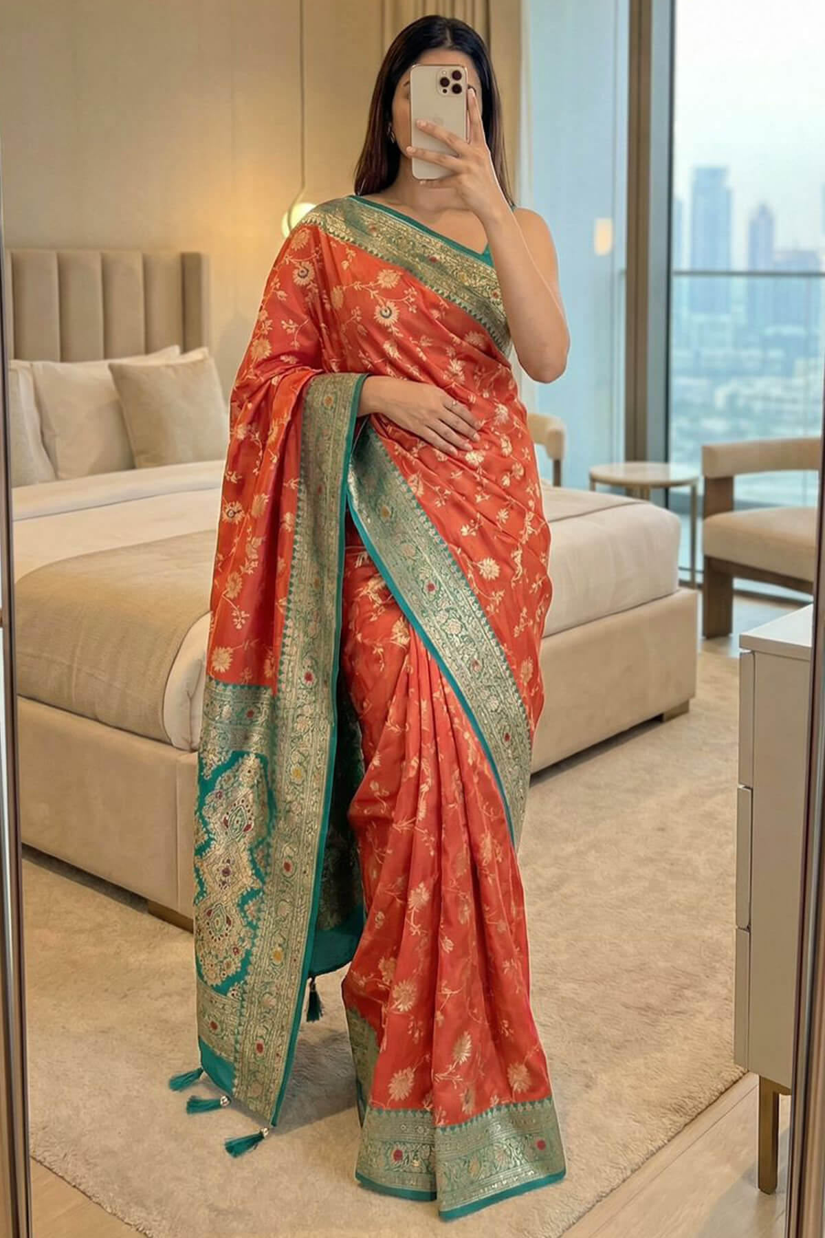 Prominent Orange Pure Zari Weaving Banarasi Silk Saree With Mesmerising Blouse Piece