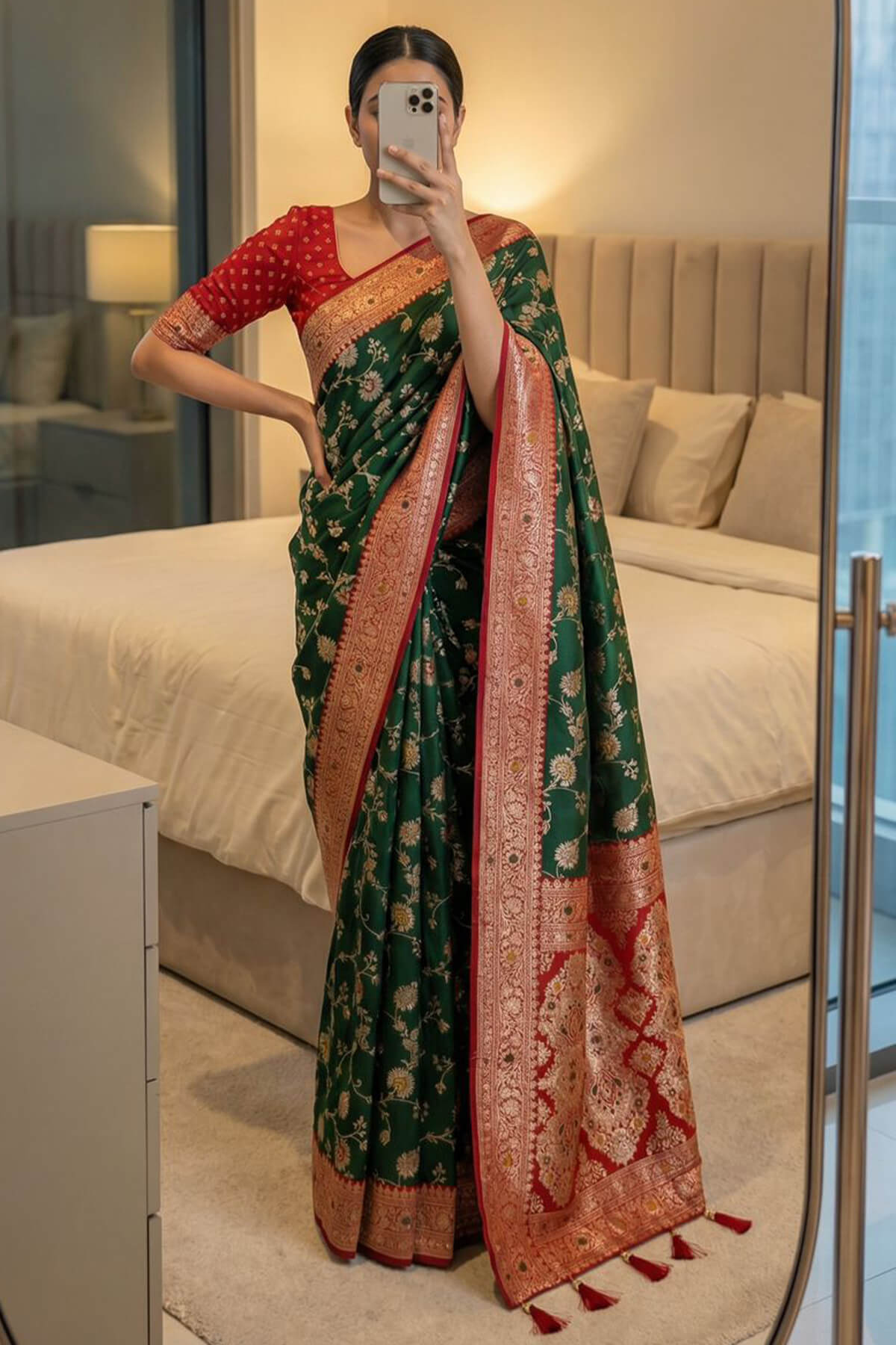 Entrancing Rama Pure Zari Weaving Banarasi Silk Saree With Girlish Blouse Piece