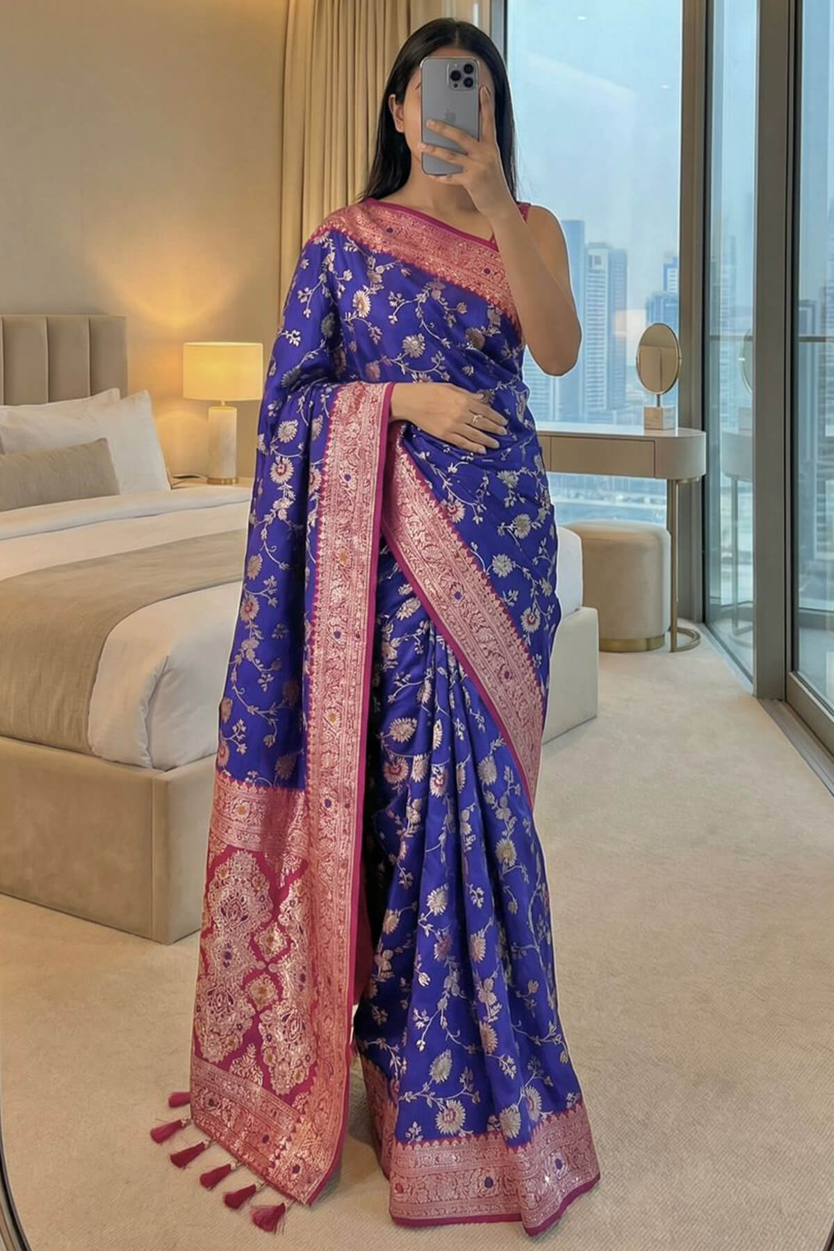 Gorgeous Royal Blue Pure Zari Weaving Banarasi Silk Saree With Sizzling Blouse Piece
