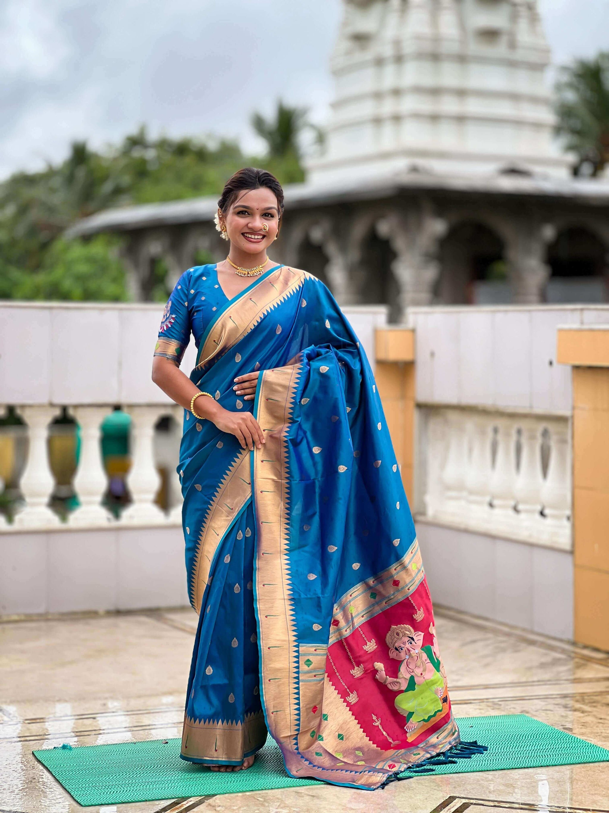 Nemesis Firozi Paithani Silk Saree With Mesmeric Blouse Piece