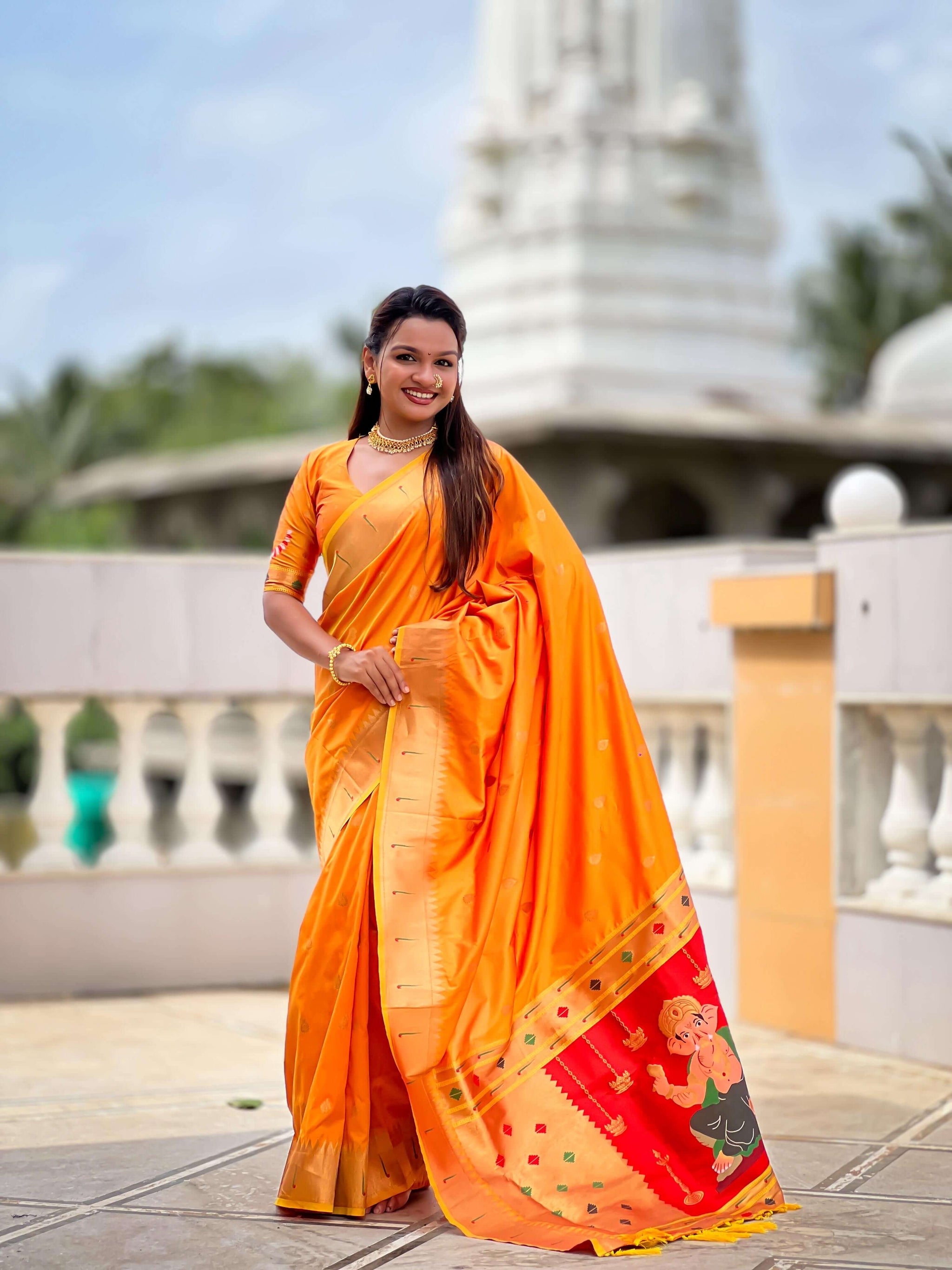 Confounding Orange Paithani Silk Saree With Eloquence Blouse Piece