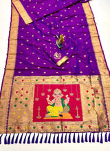 Unequalled Royal Purple Paithani Silk Saree With Conflate Blouse Piece