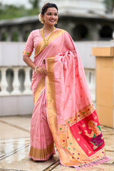 Scrupulous Baby Pink Paithani Silk Saree With Rhapsody Blouse Piece