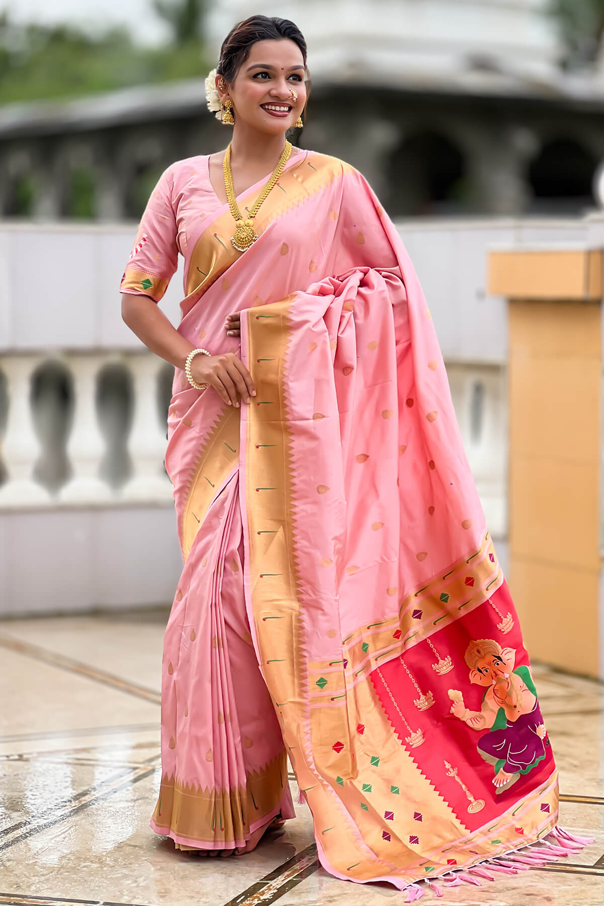 Scrupulous Baby Pink Paithani Silk Saree With Rhapsody Blouse Piece