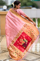 Scrupulous Baby Pink Paithani Silk Saree With Rhapsody Blouse Piece