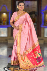 Scrupulous Baby Pink Paithani Silk Saree With Rhapsody Blouse Piece