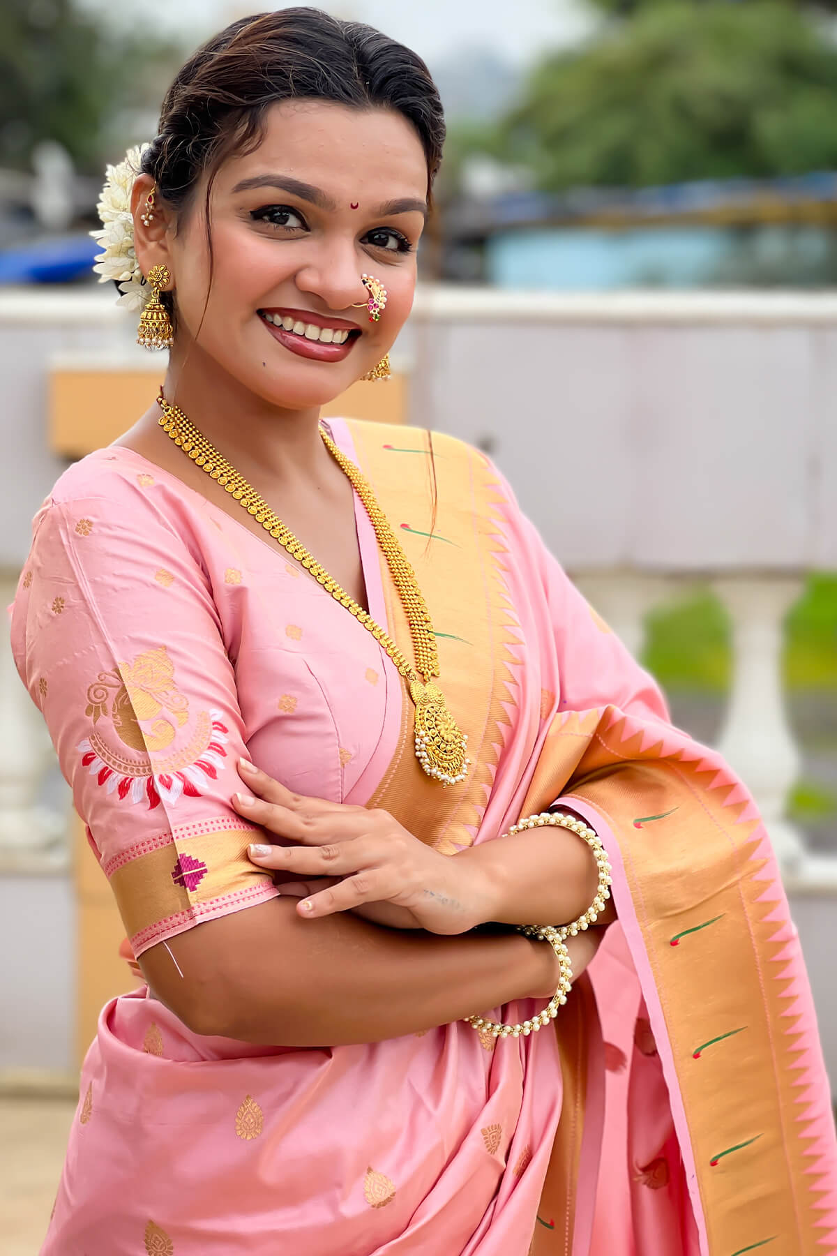 Scrupulous Baby Pink Paithani Silk Saree With Rhapsody Blouse Piece