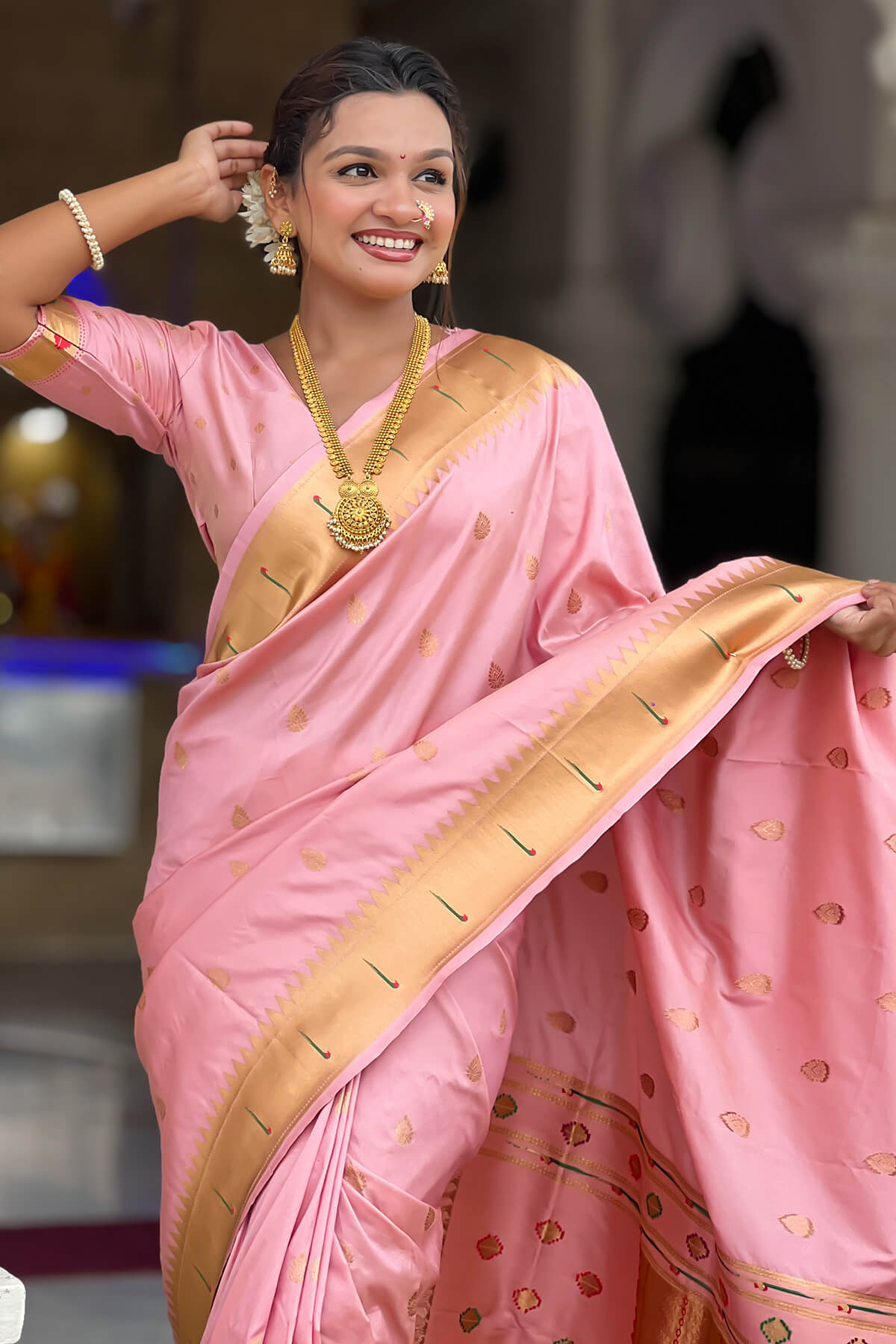 Scrupulous Baby Pink Paithani Silk Saree With Rhapsody Blouse Piece