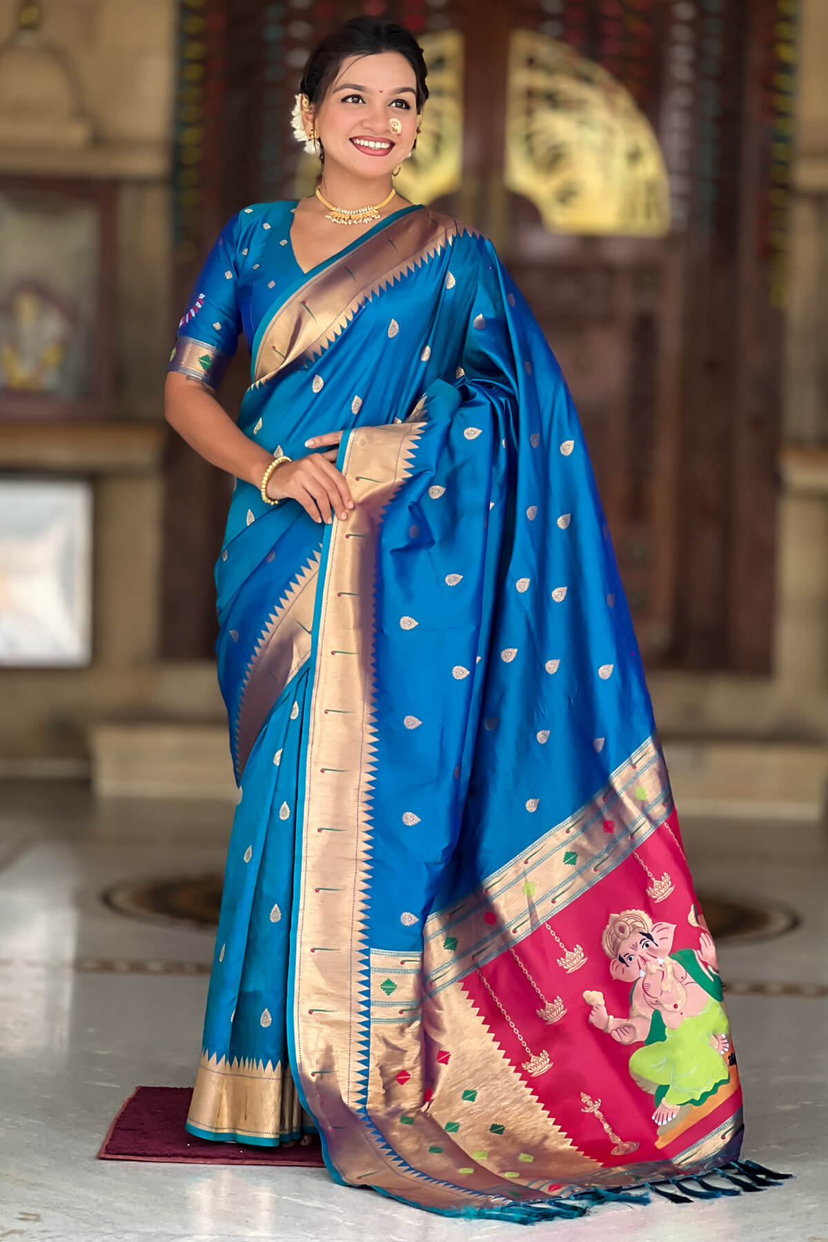 Magnificat Blue Paithani Silk Saree With Aplomb Blouse Piece