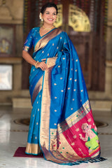 Magnificat Blue Paithani Silk Saree With Aplomb Blouse Piece