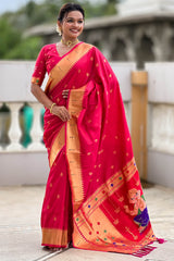 Evanescent Dark Pink Paithani Silk Saree With Woebegone Blouse Piece