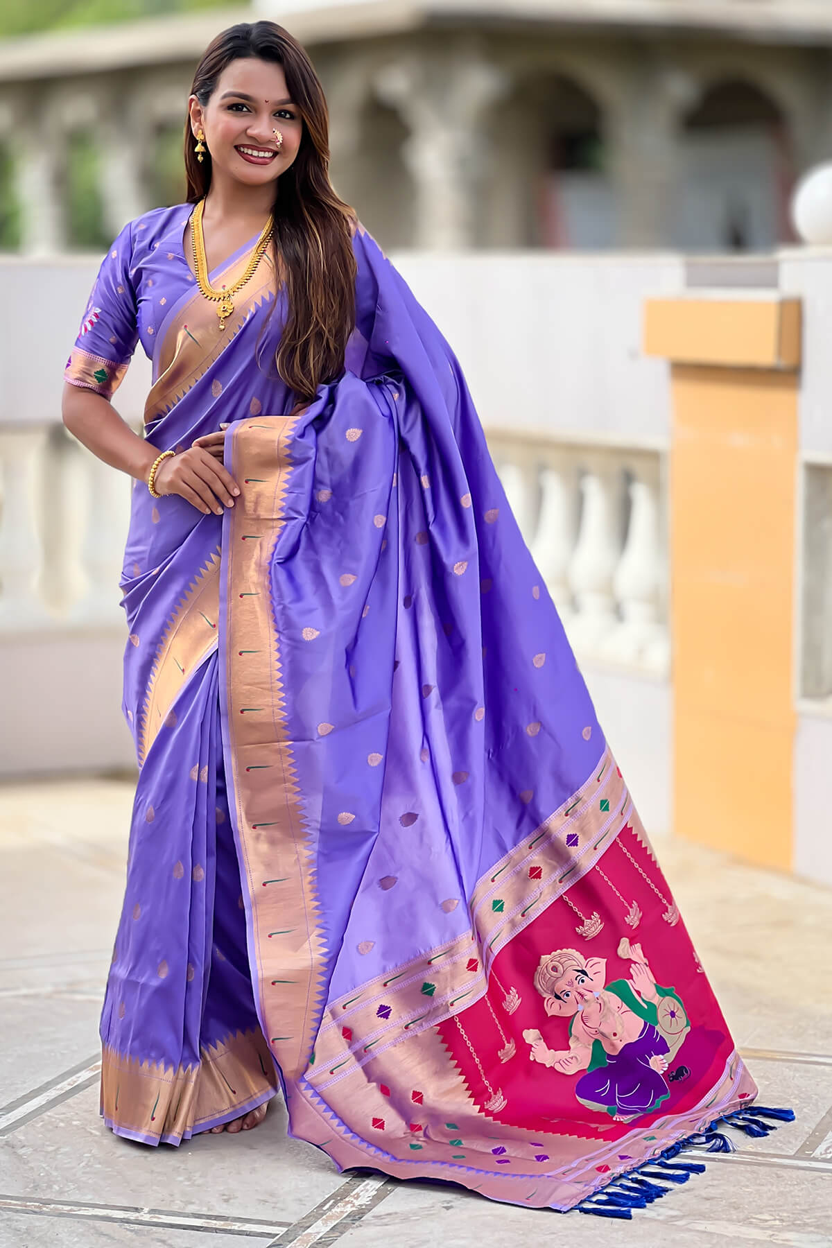 Appealing Lavender Paithani Silk Saree With Petrichor Blouse Piece