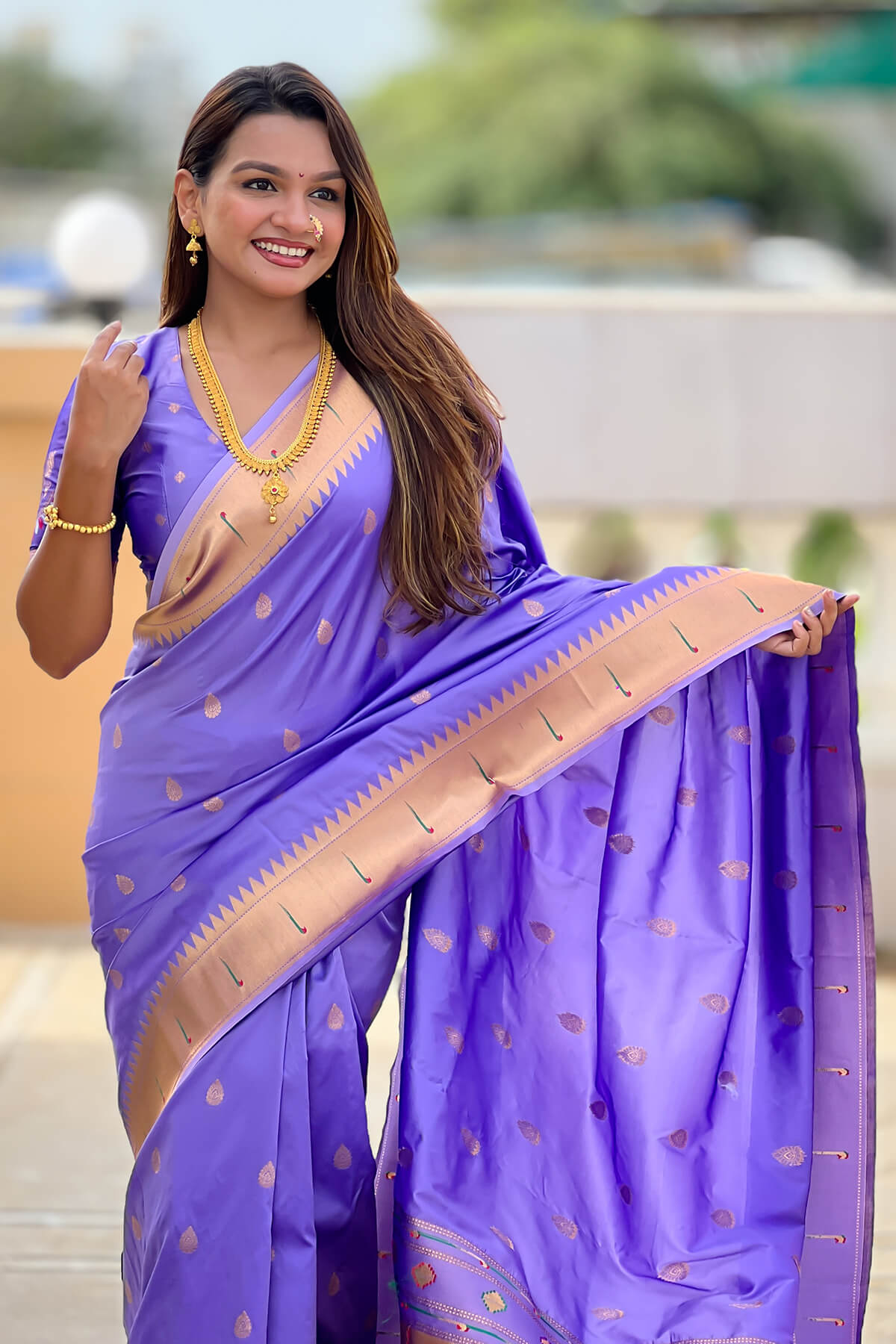 Appealing Lavender Paithani Silk Saree With Petrichor Blouse Piece
