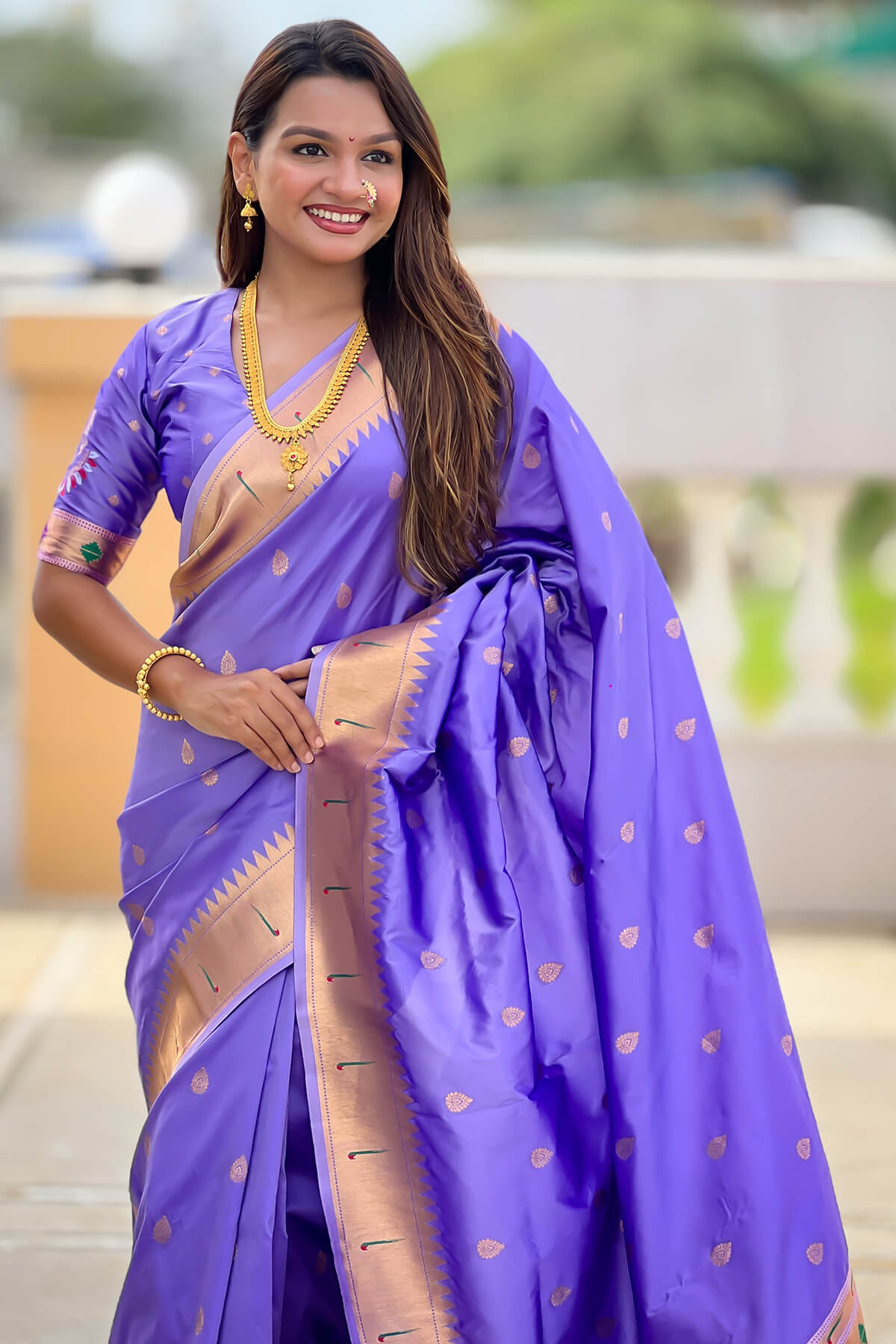 Appealing Lavender Paithani Silk Saree With Petrichor Blouse Piece
