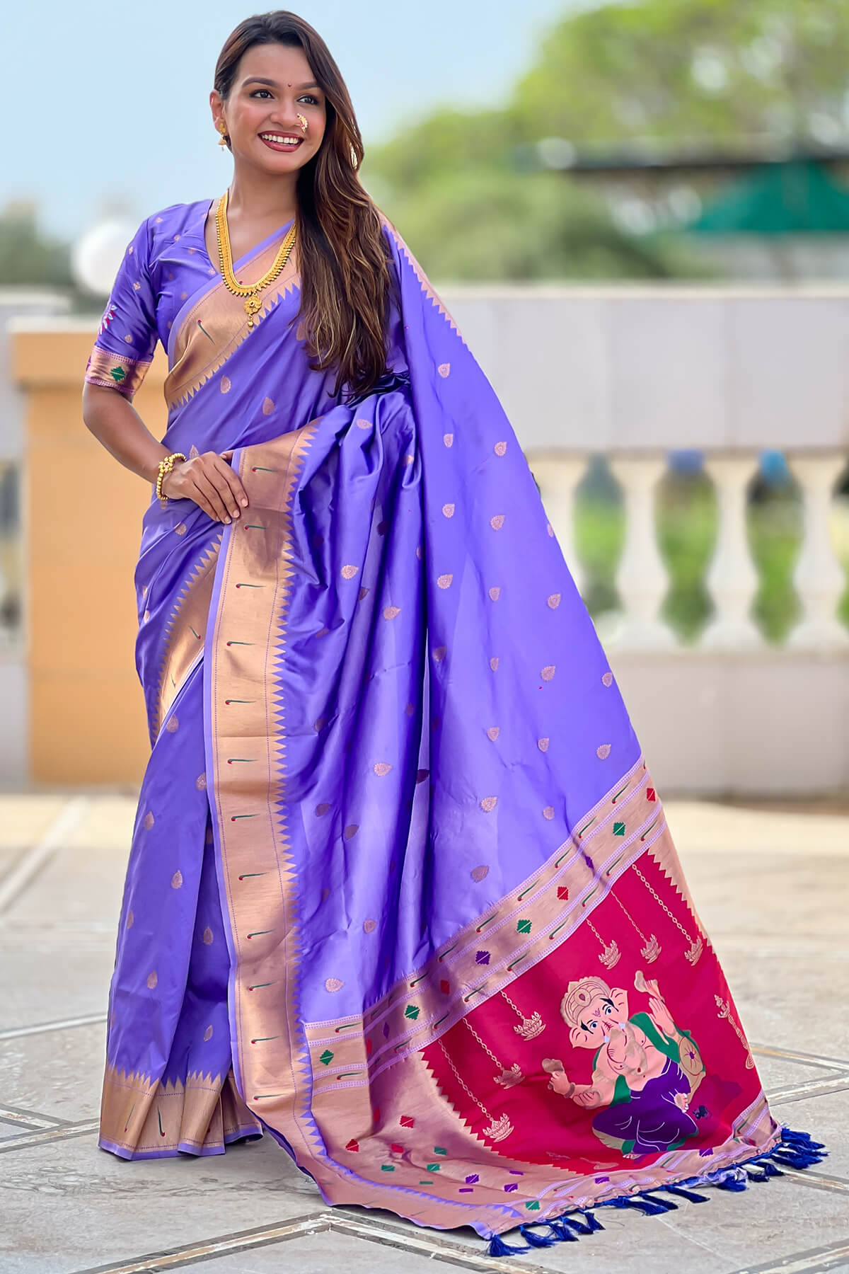 Appealing Lavender Paithani Silk Saree With Petrichor Blouse Piece