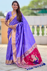 Appealing Lavender Paithani Silk Saree With Petrichor Blouse Piece