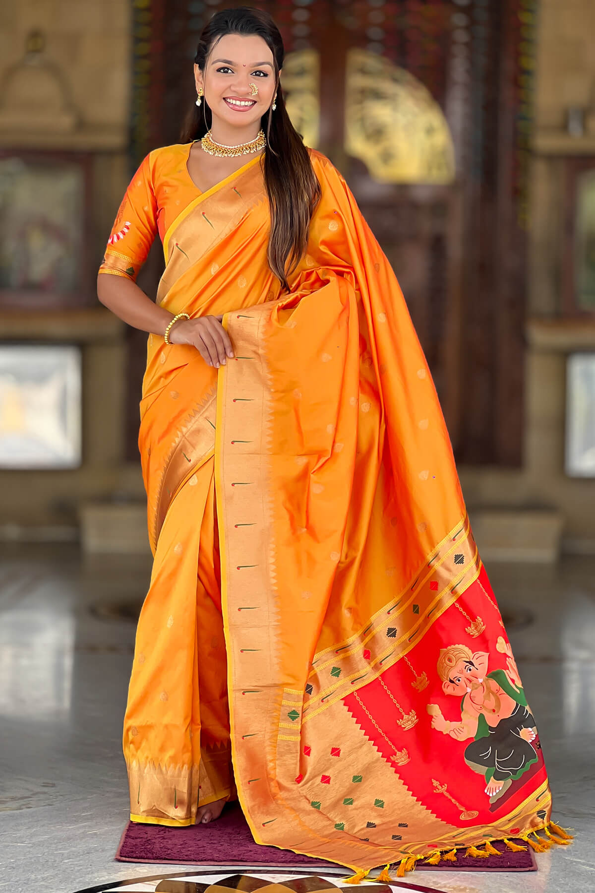 Adorning Orange Paithani Silk Saree With Gratifying Blouse Piece