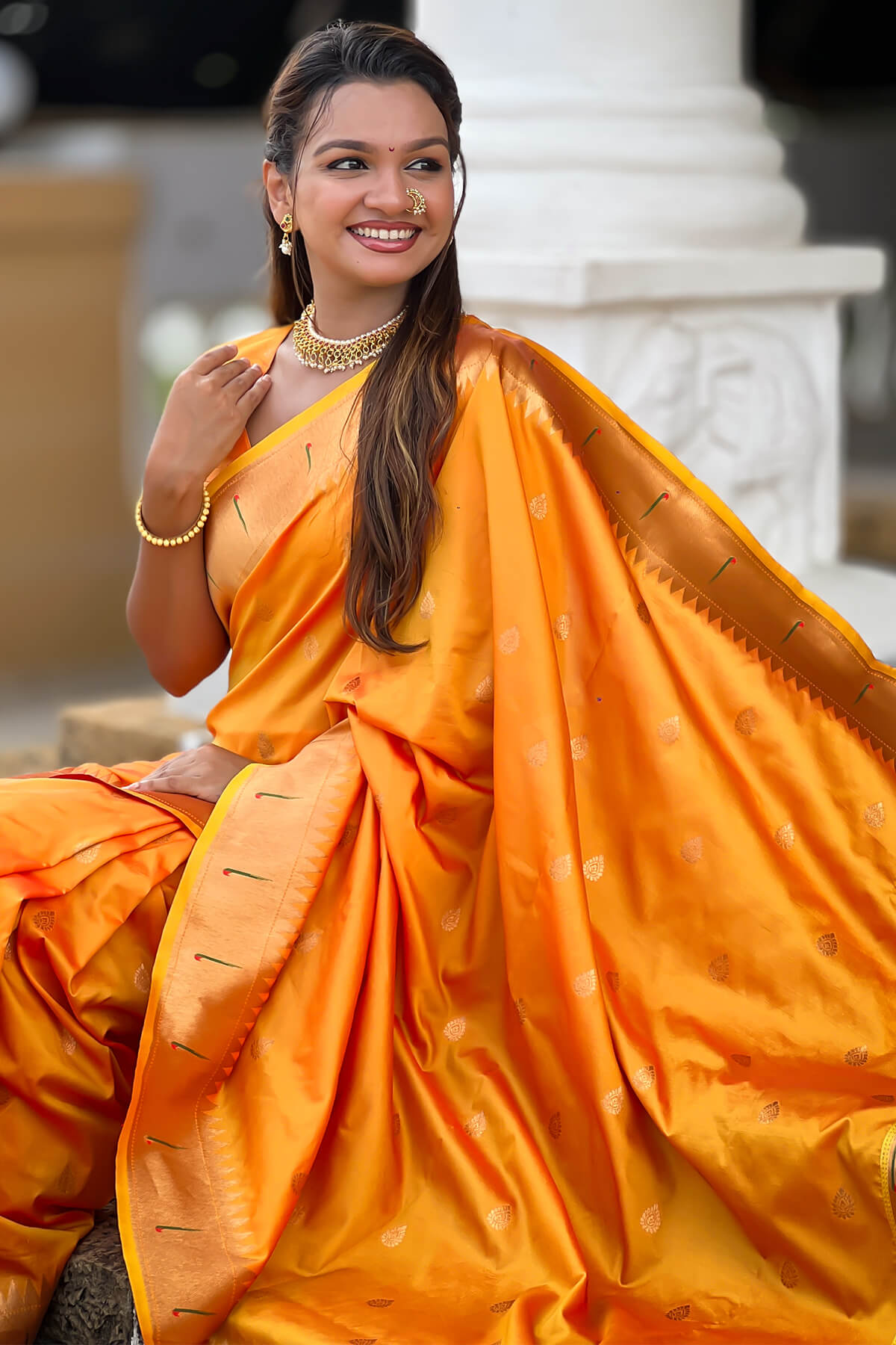 Adorning Orange Paithani Silk Saree With Gratifying Blouse Piece