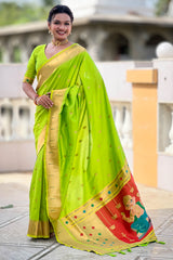 Desiring Parrot Paithani Silk Saree With Classic Blouse Piece