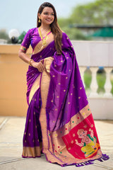 Designer Purple Paithani Silk Saree With Staggering Blouse Piece