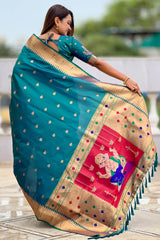 Surreptitious Rama Paithani Silk Saree With Desultory Blouse Piece