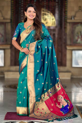 Surreptitious Rama Paithani Silk Saree With Desultory Blouse Piece