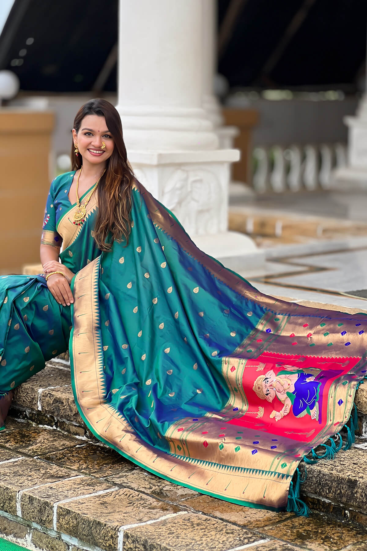 Surreptitious Rama Paithani Silk Saree With Desultory Blouse Piece