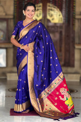 Energetic Royal Blue Paithani Silk Saree With Hypnotic Blouse Piece