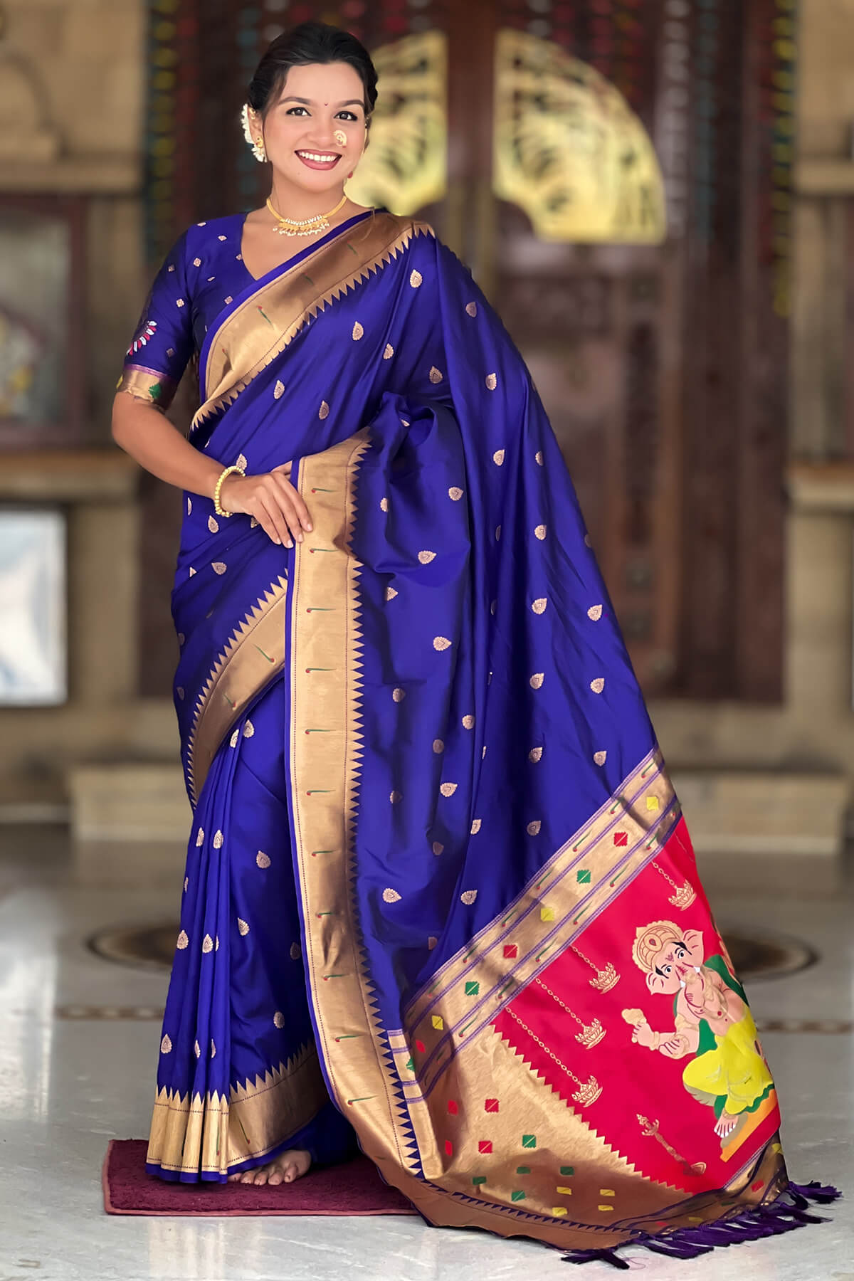 Energetic Royal Blue Paithani Silk Saree With Hypnotic Blouse Piece
