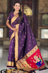 Embrocation Wine Paithani Silk Saree With Jazzy Blouse Piece